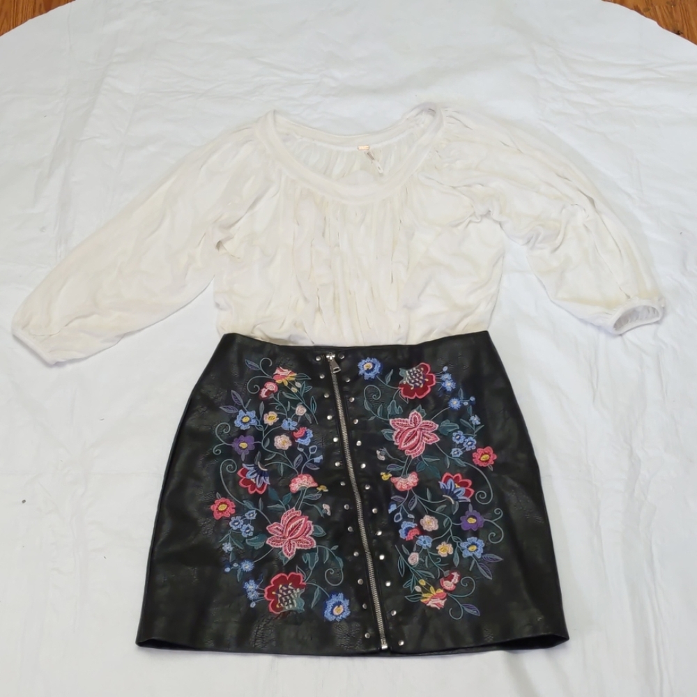 Honey Bum Embroidered  Studed Faux Leather Skirt